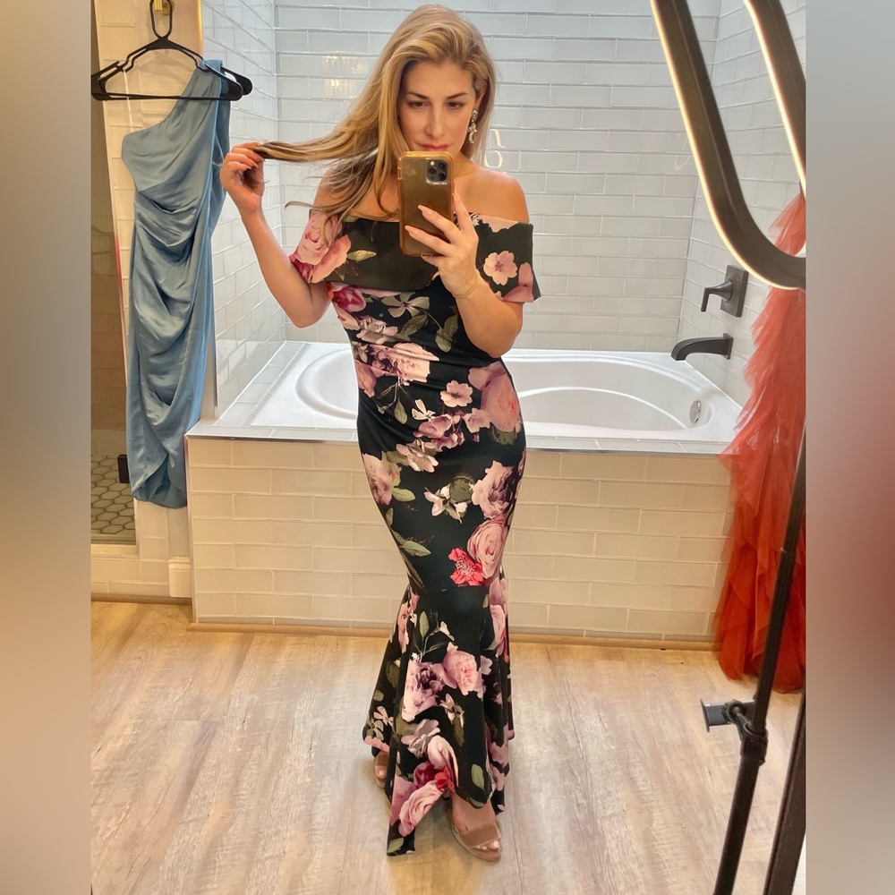 Xscape black tie gown/off the shoulder trumpet/mermaid dark hunter green/floral